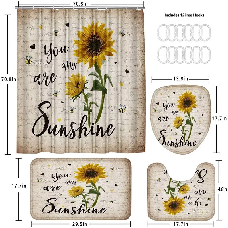 AZHM 4 قطع مجموعة ستائر الدش عباد الشمس مع السجاد أنت My Sunshine مجموعة ديكور الحمام ستائر الحمام مجموعة الدش مع 12 خطافًا - Image 5